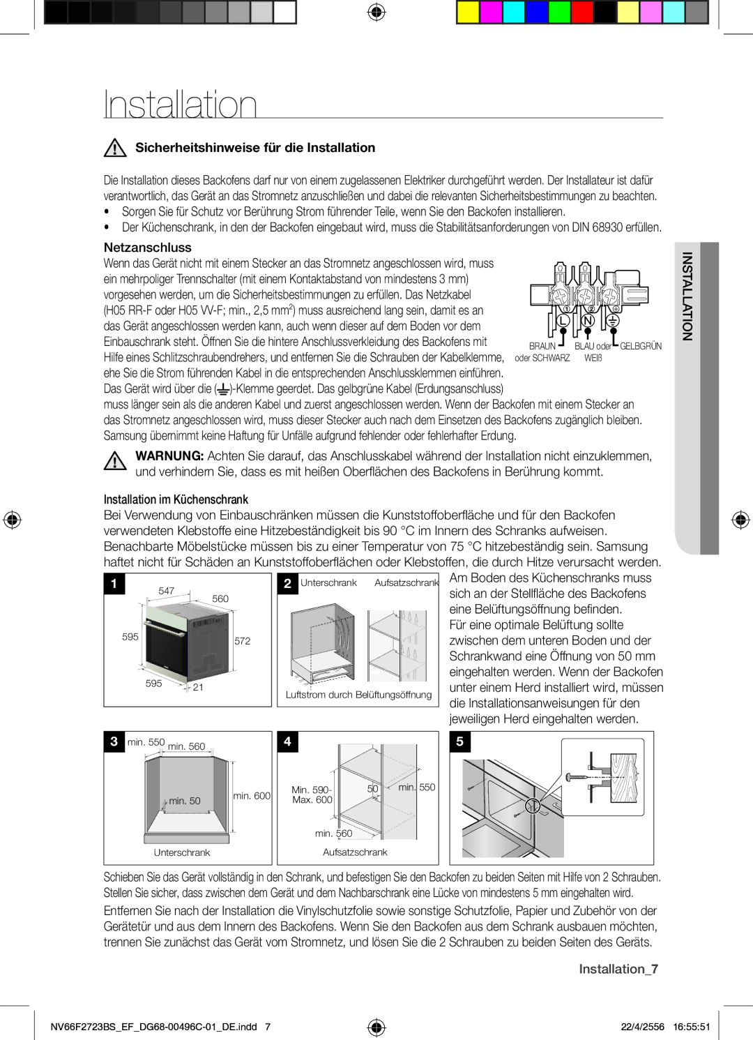 Samsung NV66F2723BS/EF manual Sicherheitshinweise für die Installation 