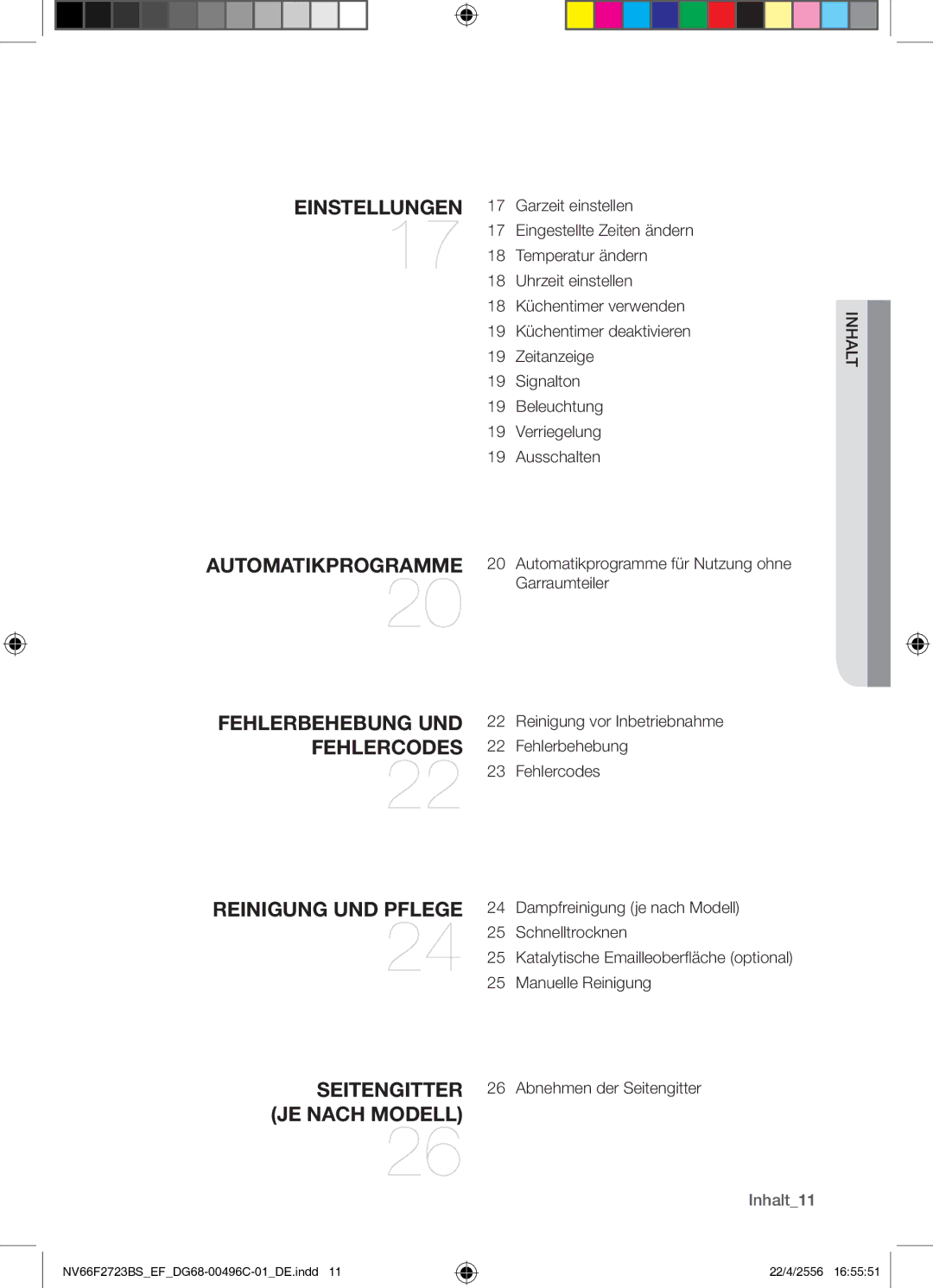 Samsung NV66F2723BS/EF manual Einstellungen, Inhalt11 