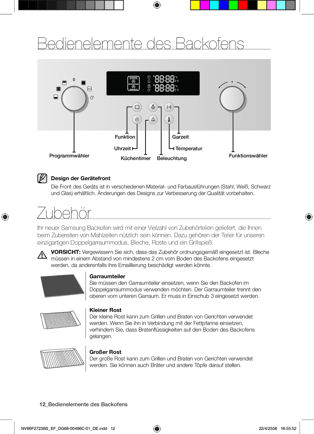 Samsung NV66F2723BS/EF manual Bedienelemente des Backofens, Zubehör 