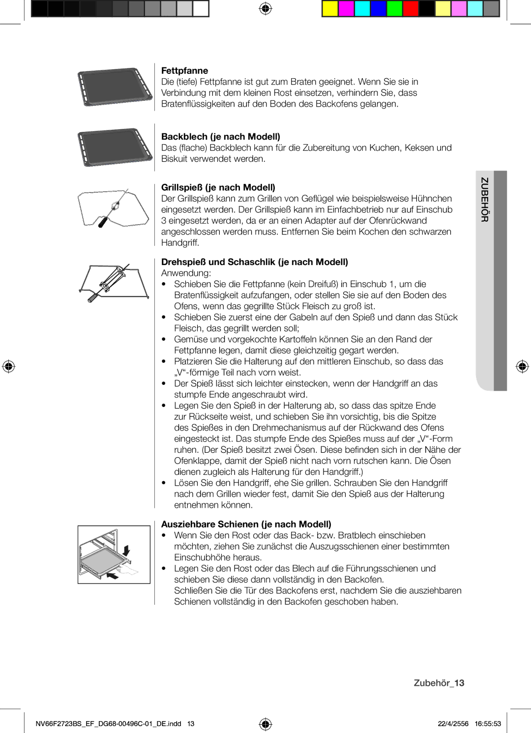 Samsung NV66F2723BS/EF manual Fettpfanne, Backblech je nach Modell, Grillspieß je nach Modell 