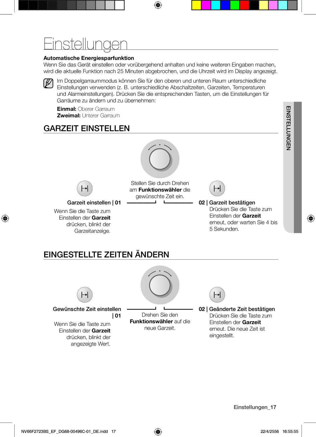 Samsung NV66F2723BS/EF Einstellungen, Garzeit Einstellen, Eingestellte Zeiten Ändern, Automatische Energiesparfunktion 