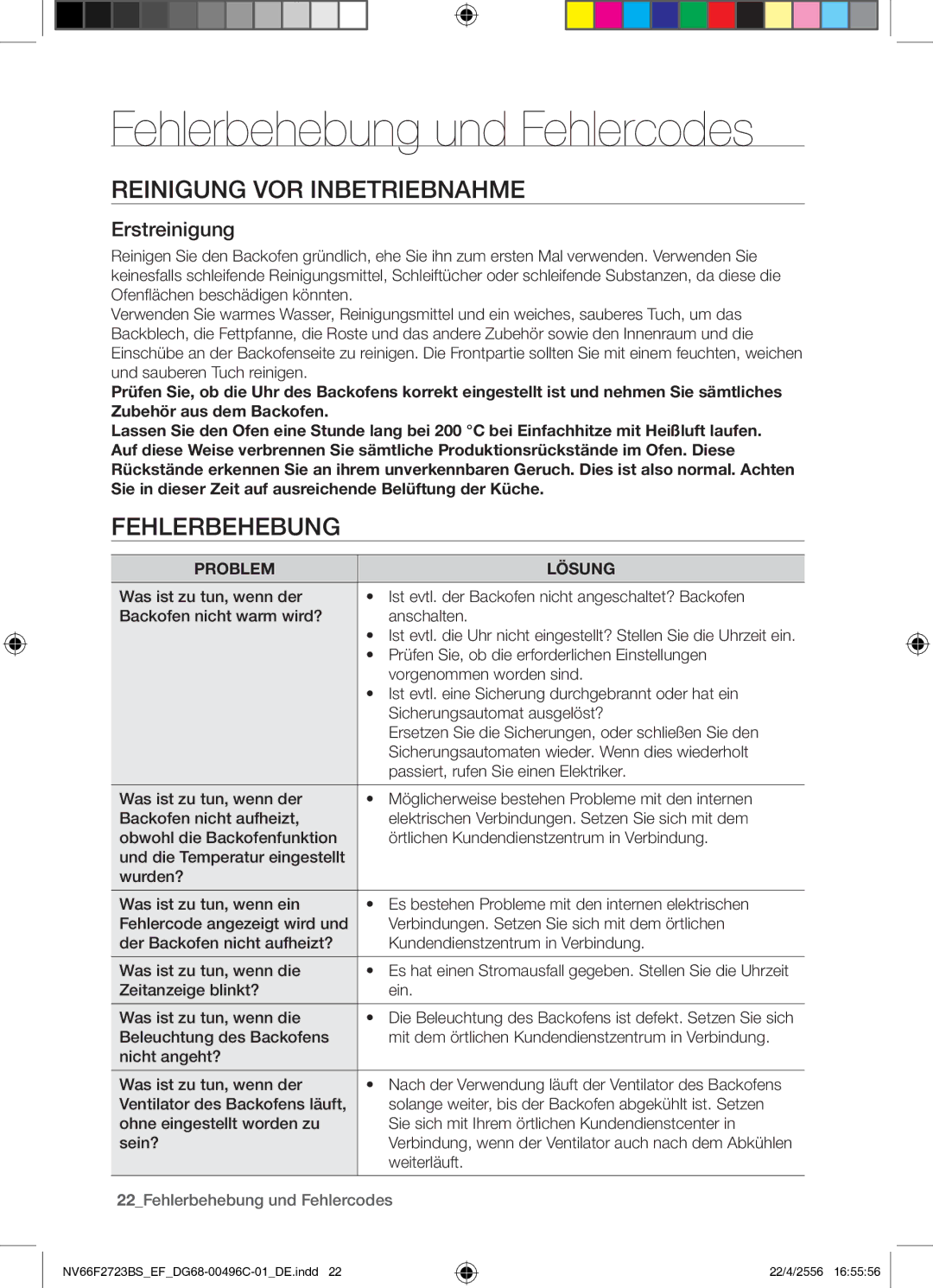 Samsung NV66F2723BS/EF manual Fehlerbehebung und Fehlercodes, Reinigung VOR Inbetriebnahme, Problem Lösung 