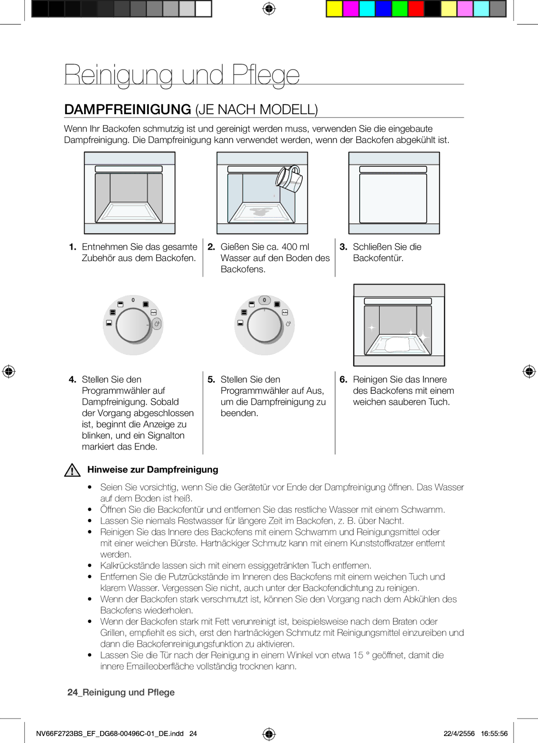 Samsung NV66F2723BS/EF manual Reinigung und Pflege, Dampfreinigung JE Nach Modell, Hinweise zur Dampfreinigung 