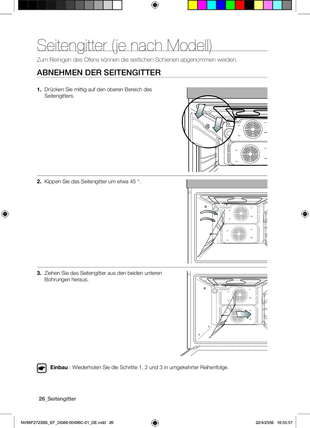 Samsung NV66F2723BS/EF manual Seitengitter je nach Modell, Abnehmen DER Seitengitter, 26Seitengitter 