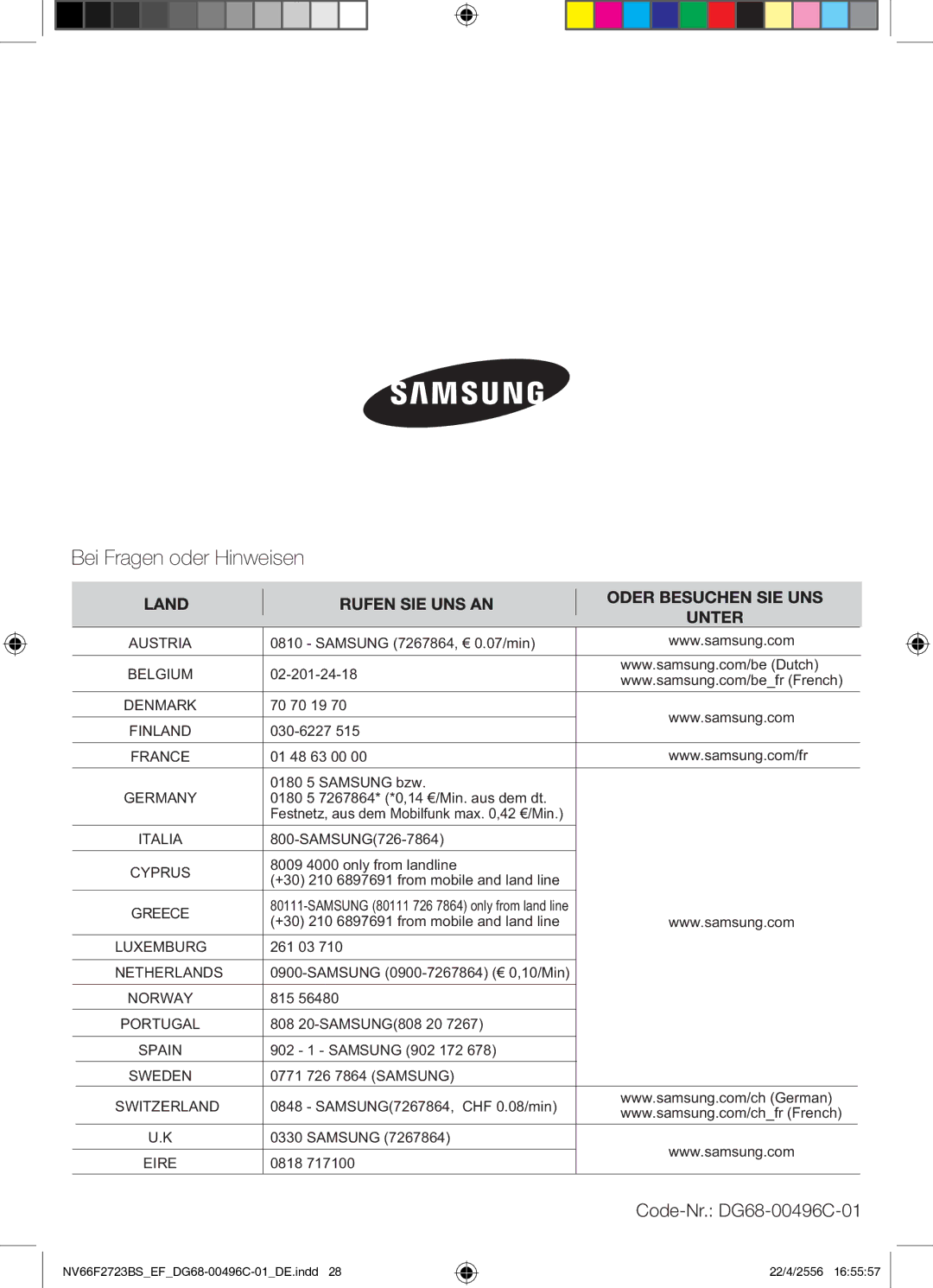 Samsung NV66F2723BS/EF manual Code-Nr. DG68-00496C-01, 030-6227, 01 48 63 00 0180 5 Samsung bzw, 815 