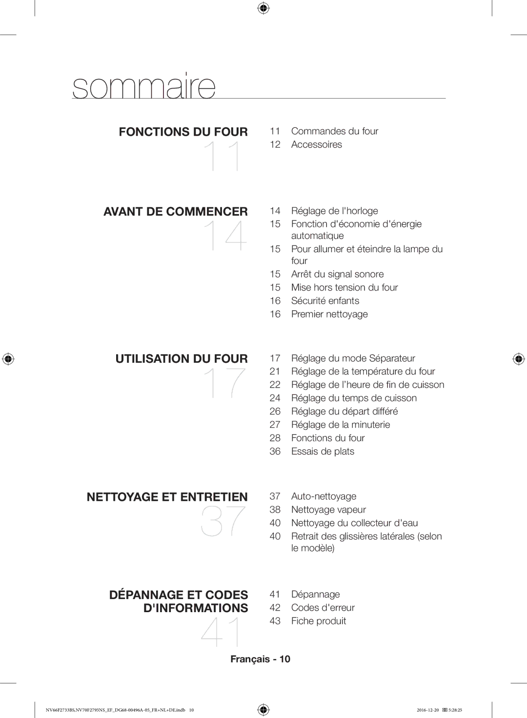 Samsung NV66F2733BS/EF, NV70F2793NS/EF manual Sommaire, Fonctions DU Four Avant DE Commencer 