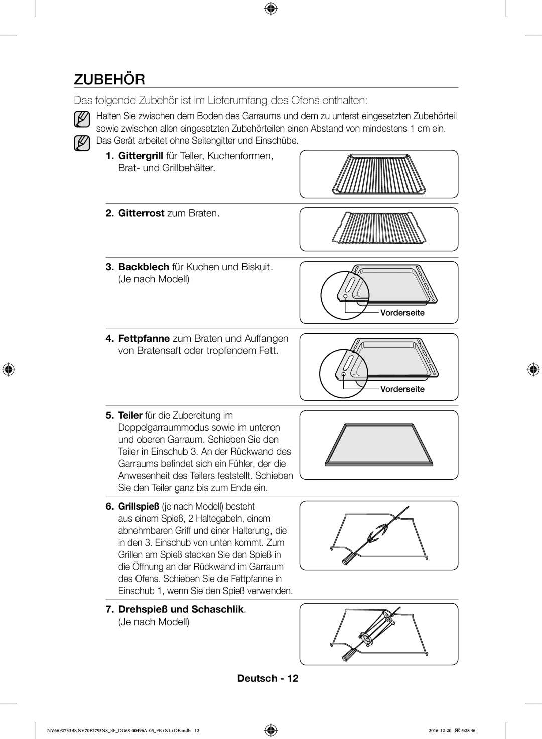 Samsung NV66F2733BS/EF, NV70F2793NS/EF Zubehör, Gitterrost zum Braten, Backblech für Kuchen und Biskuit. Je nach Modell 