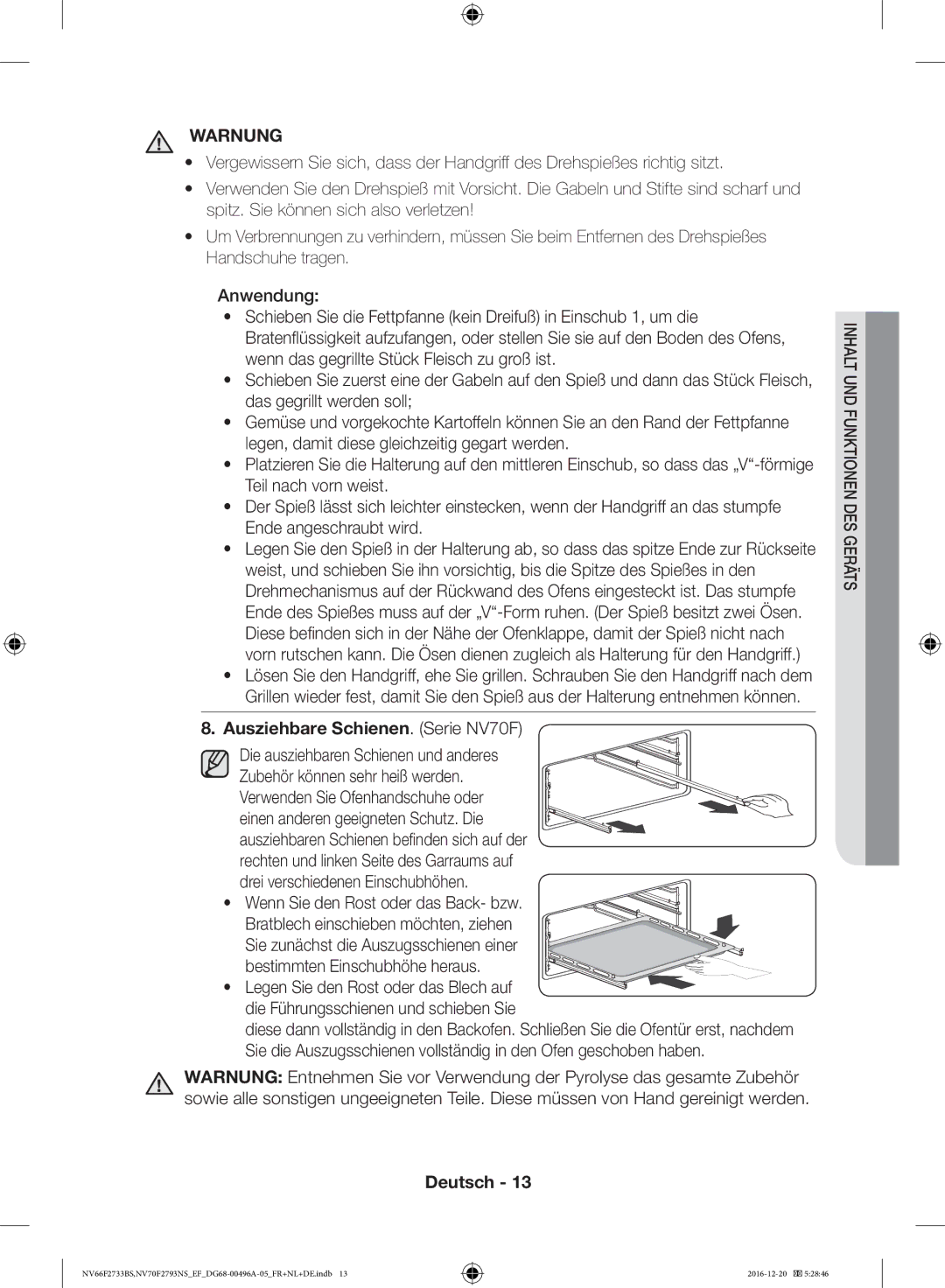 Samsung NV70F2793NS/EF, NV66F2733BS/EF manual Warnung, Ausziehbare Schienen. Serie NV70F 