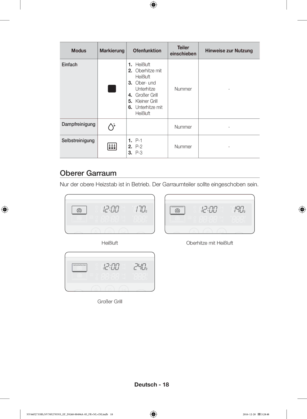 Samsung NV66F2733BS/EF, NV70F2793NS/EF manual Oberer Garraum, Ofenfunktion 