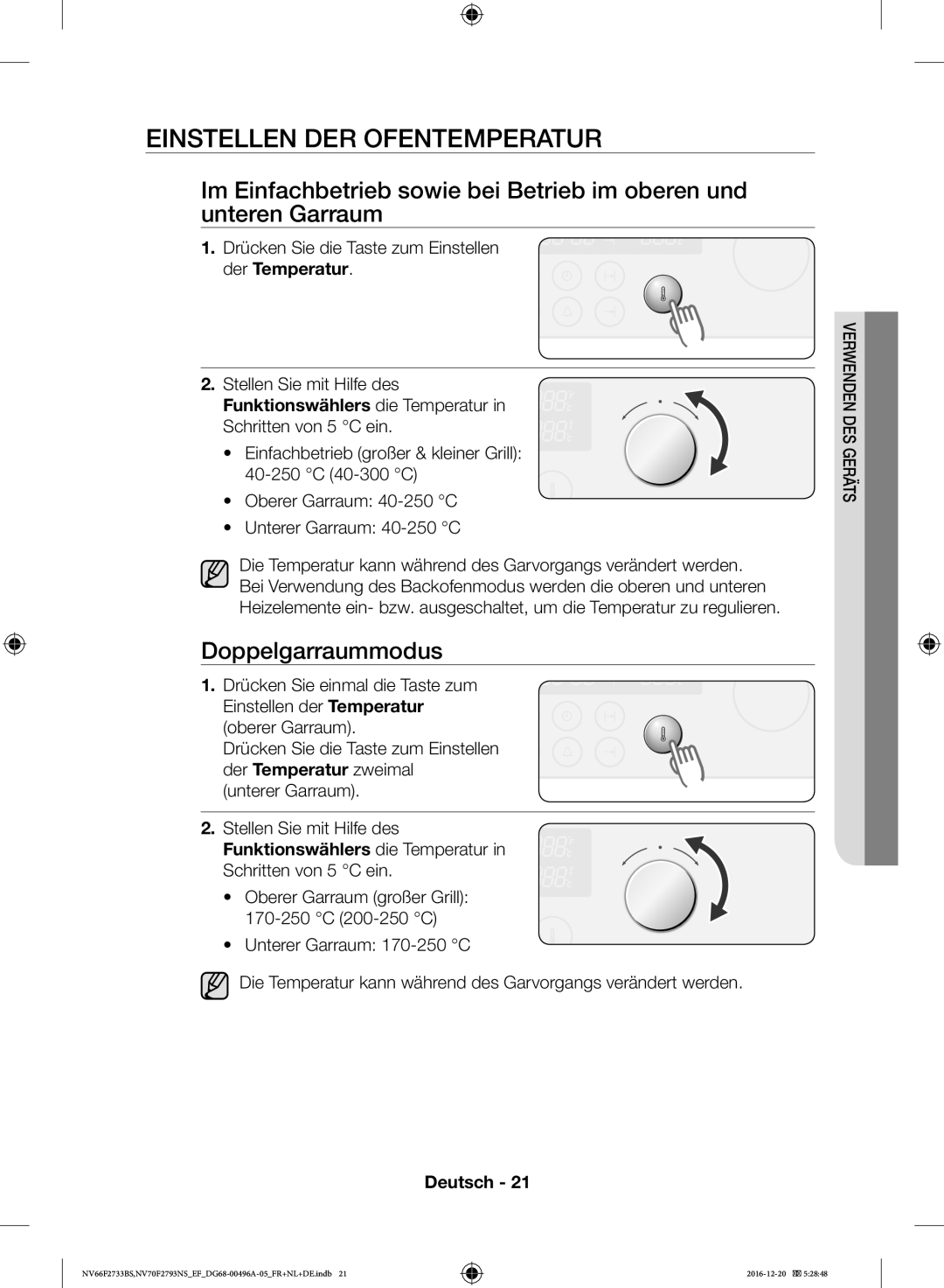 Samsung NV70F2793NS/EF, NV66F2733BS/EF manual Einstellen DER Ofentemperatur, Funktionswählers die Temperatur 