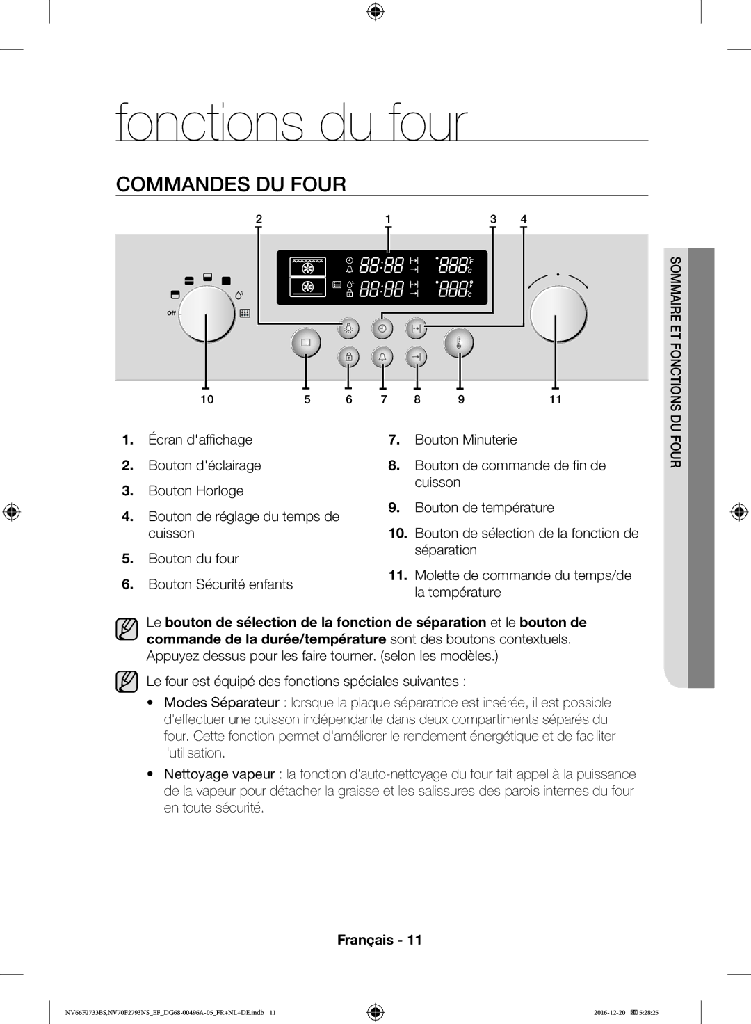 Samsung NV70F2793NS/EF, NV66F2733BS/EF manual Fonctions du four, Commandes DU Four 