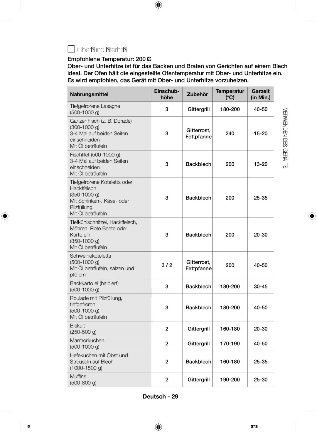 Samsung NV70F2793NS/EF manual Ober- und Unterhitze, Empfohlene Temperatur 200 C, Nahrungsmittel Einschub Zubehör, Garzeit 