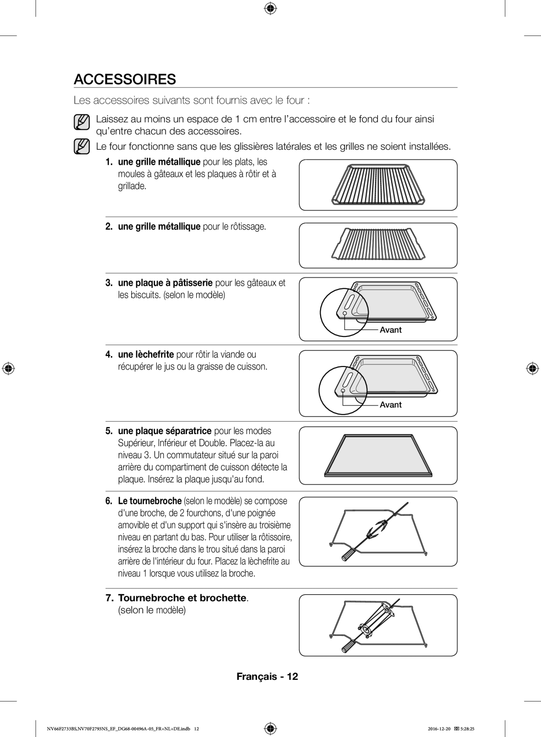 Samsung NV66F2733BS/EF, NV70F2793NS/EF manual Accessoires, Tournebroche et brochette. selon le modèle Français 