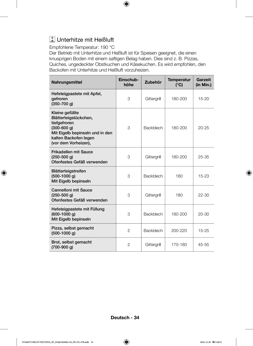 Samsung NV66F2733BS/EF, NV70F2793NS/EF manual Unterhitze mit Heißluft 