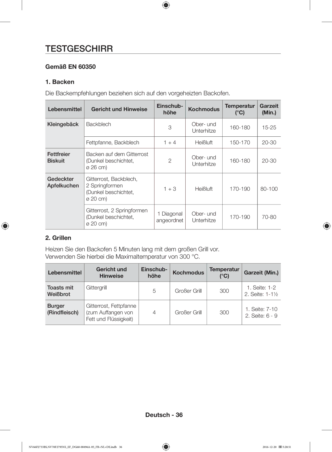 Samsung NV66F2733BS/EF, NV70F2793NS/EF manual Testgeschirr, Gemäß EN Backen, Gericht und Hinweise Einschub Kochmodus 