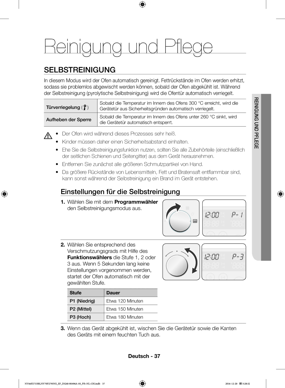 Samsung NV70F2793NS/EF, NV66F2733BS/EF manual Reinigung und Pflege, Einstellungen für die Selbstreinigung, Stufe Dauer 