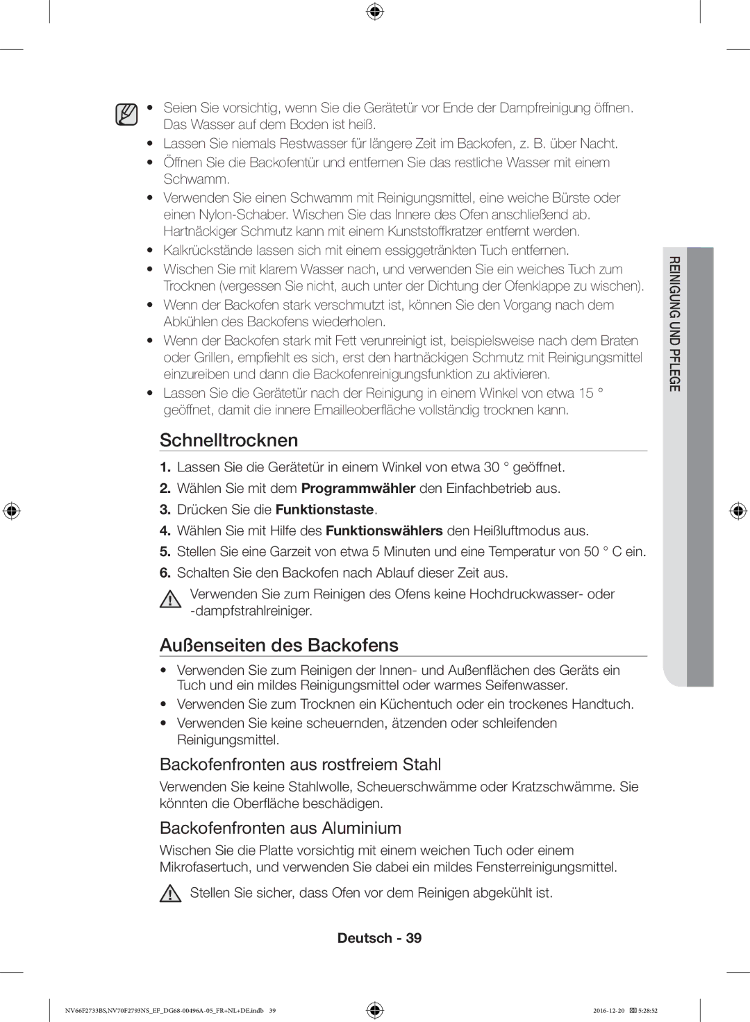 Samsung NV70F2793NS/EF, NV66F2733BS/EF Schnelltrocknen, Außenseiten des Backofens, Backofenfronten aus rostfreiem Stahl 