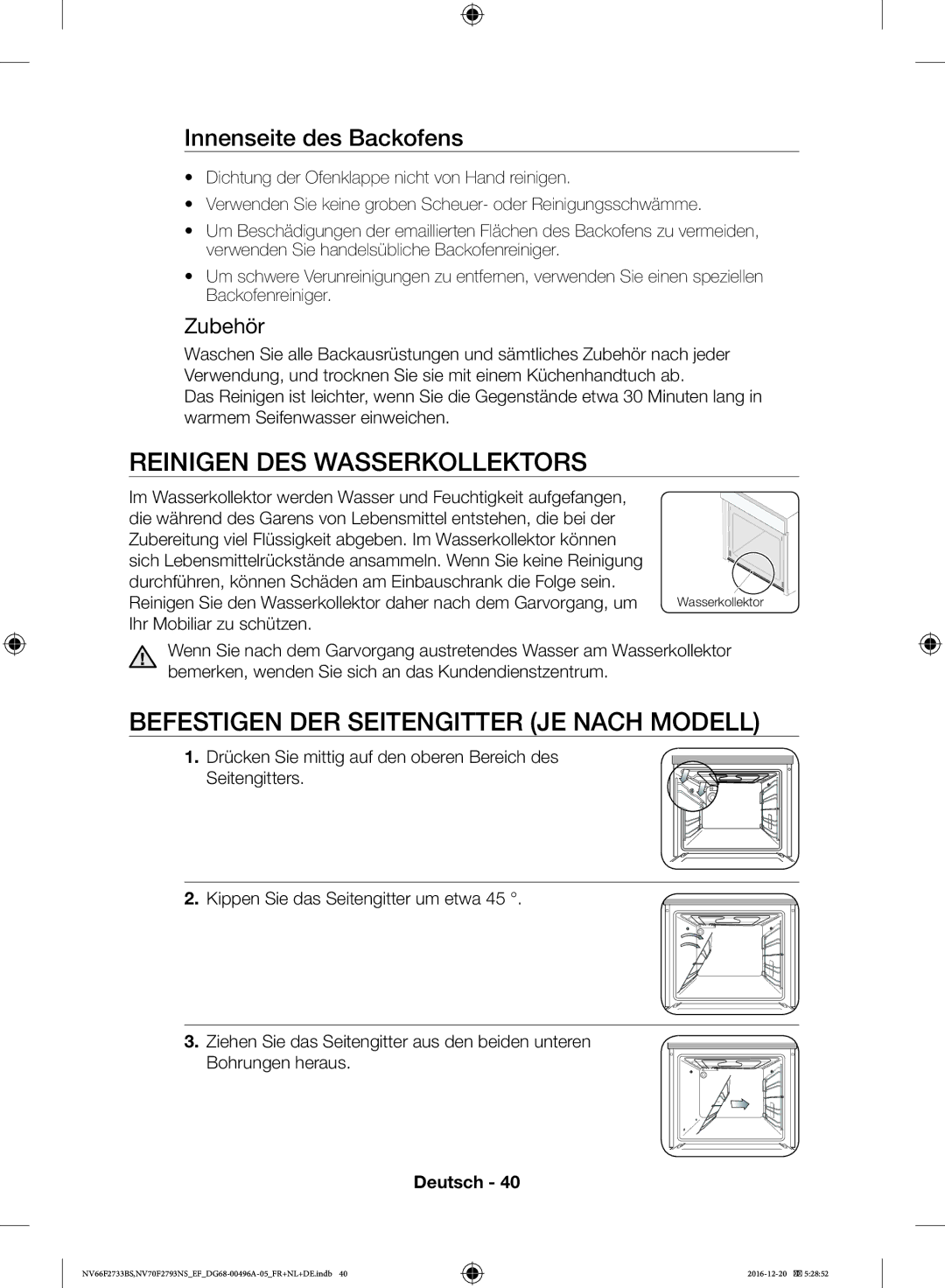 Samsung NV66F2733BS/EF Reinigen DES Wasserkollektors, Befestigen DER Seitengitter JE Nach Modell, Innenseite des Backofens 