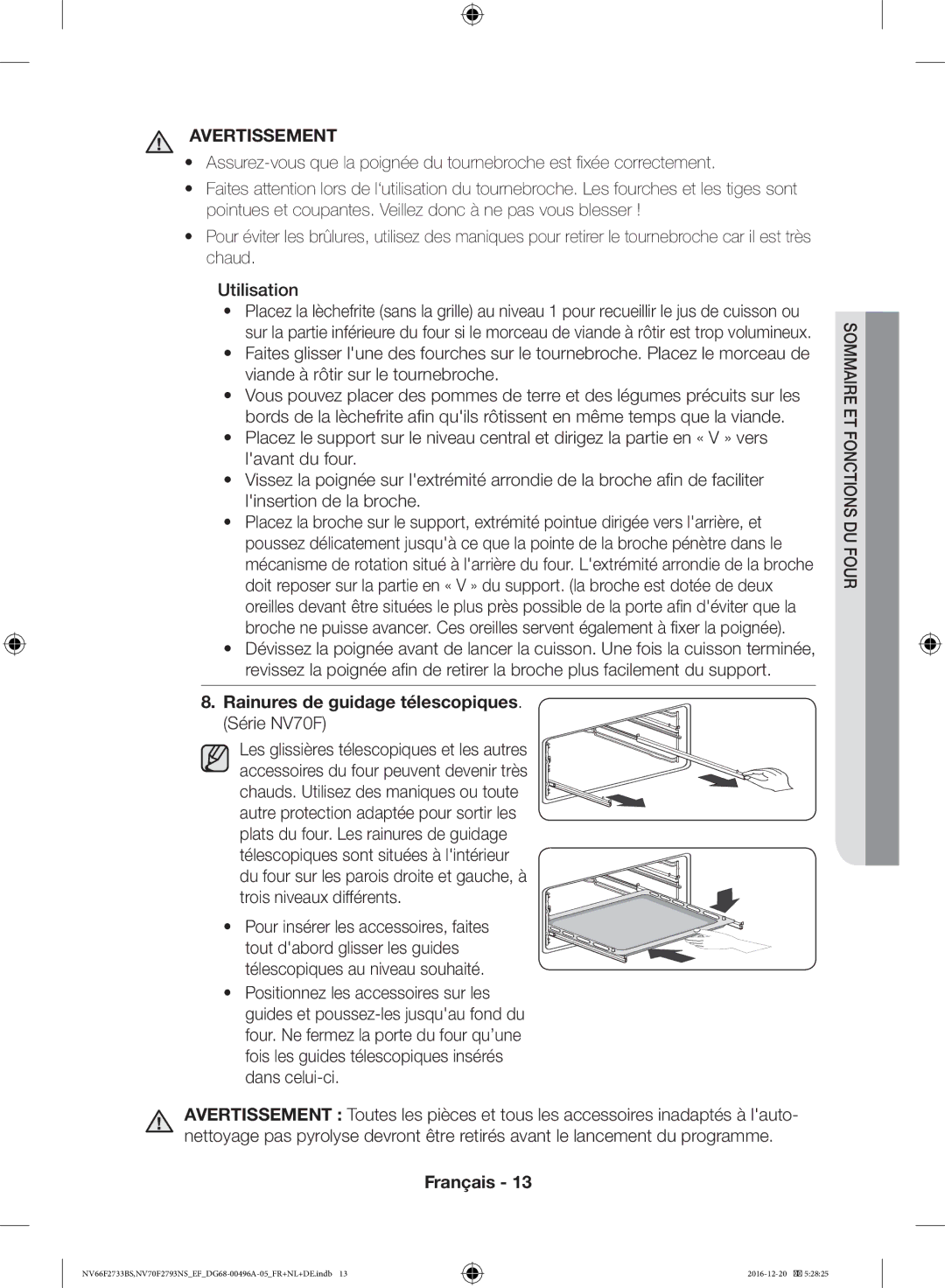 Samsung NV70F2793NS/EF, NV66F2733BS/EF manual Rainures de guidage télescopiques, Série NV70F 