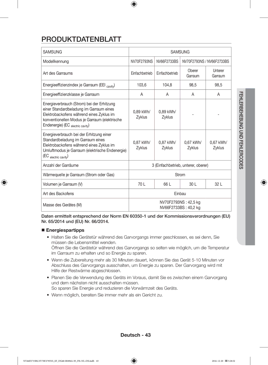 Samsung NV70F2793NS/EF, NV66F2733BS/EF manual Produktdatenblatt,  Energiespartipps 