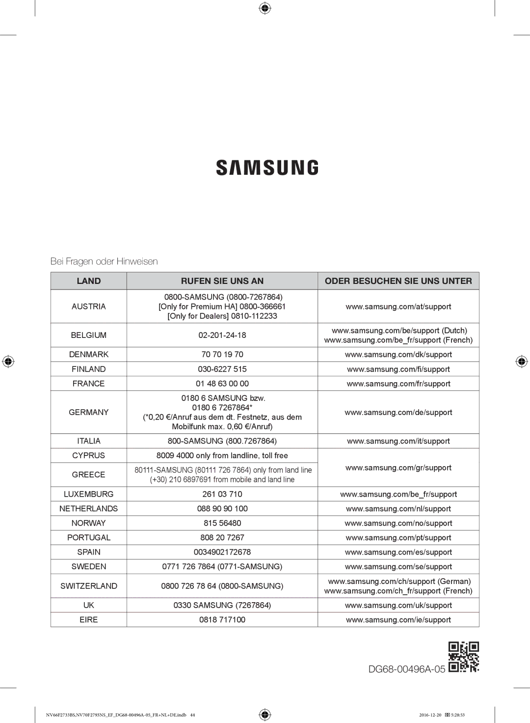 Samsung NV66F2733BS/EF, NV70F2793NS/EF manual Bei Fragen oder Hinweisen, Land Rufen SIE UNS AN Oder Besuchen SIE UNS Unter 