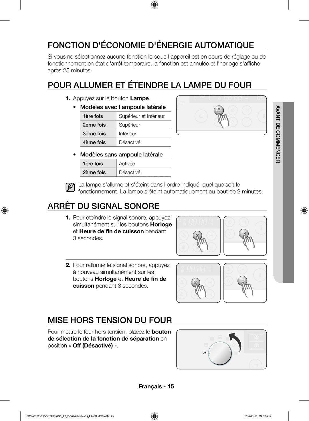 Samsung NV70F2793NS/EF manual Pour Allumer ET Éteindre LA Lampe DU Four, Arrêt DU Signal Sonore, Mise Hors Tension DU Four 