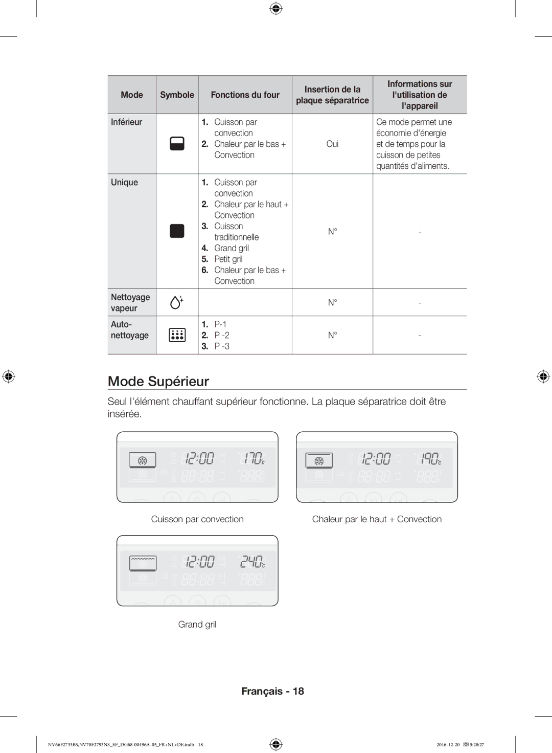 Samsung NV66F2733BS/EF, NV70F2793NS/EF manual Mode Supérieur, Fonctions du four 