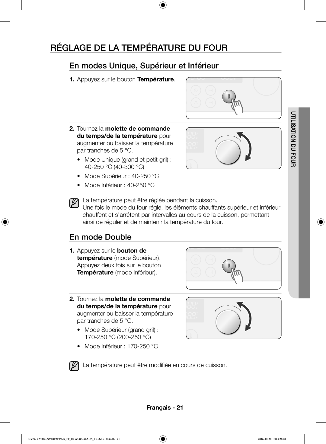 Samsung NV70F2793NS/EF manual Réglage DE LA Température DU Four, En modes Unique, Supérieur et Inférieur, En mode Double 