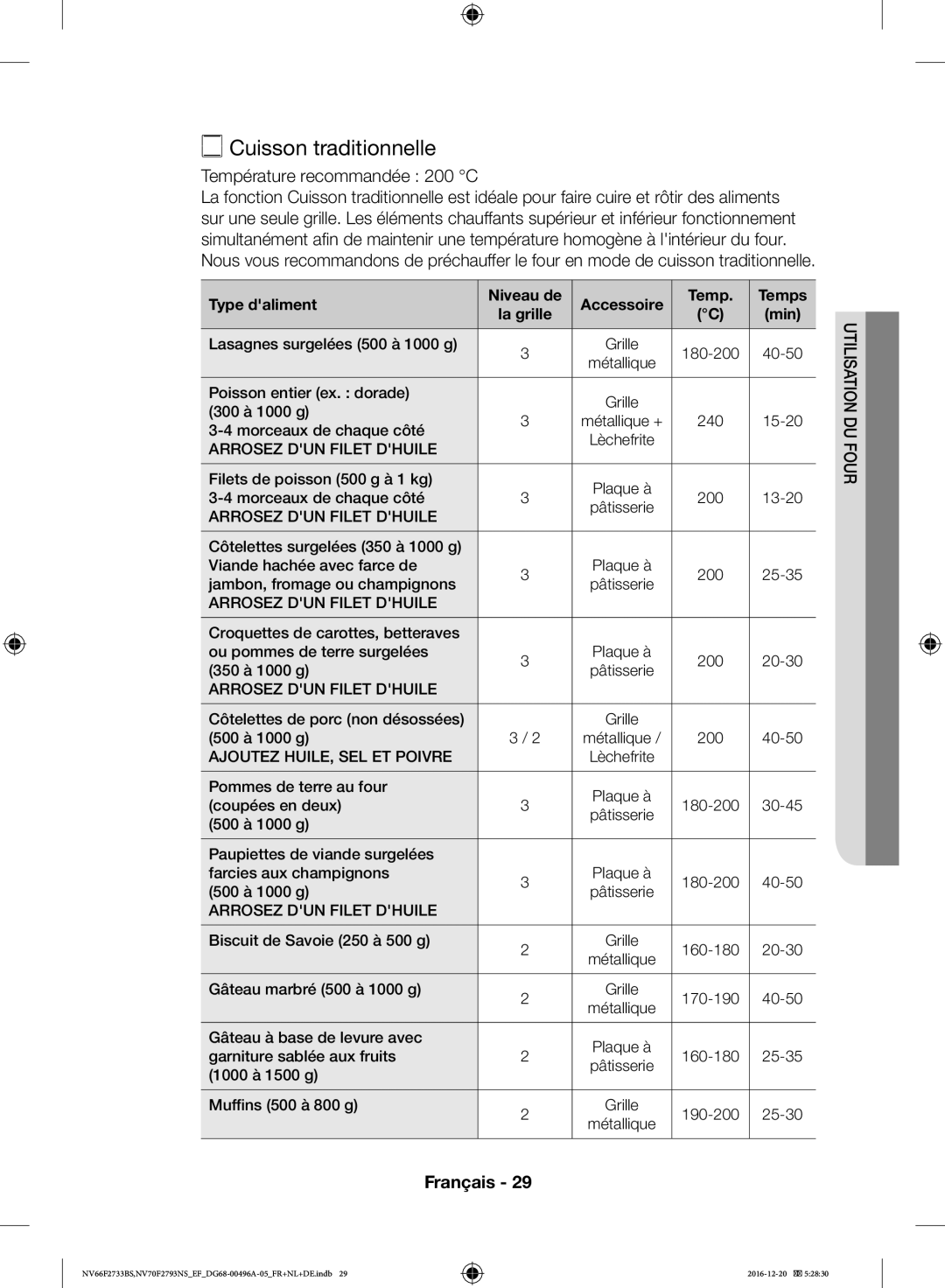 Samsung NV70F2793NS/EF, NV66F2733BS/EF manual Cuisson traditionnelle, Température recommandée 200 C, Type daliment 