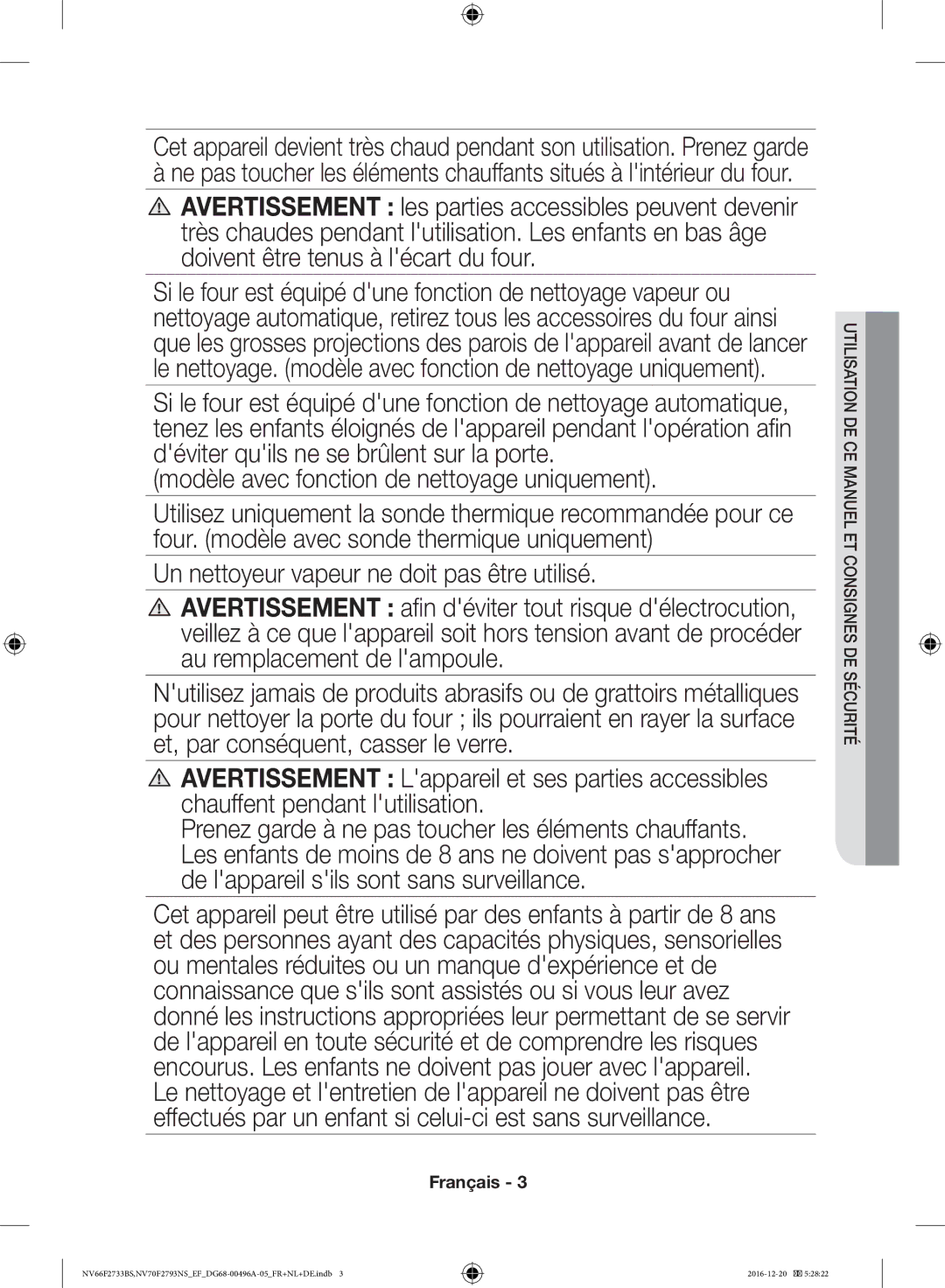 Samsung NV70F2793NS/EF, NV66F2733BS/EF manual Modèle avec fonction de nettoyage uniquement 