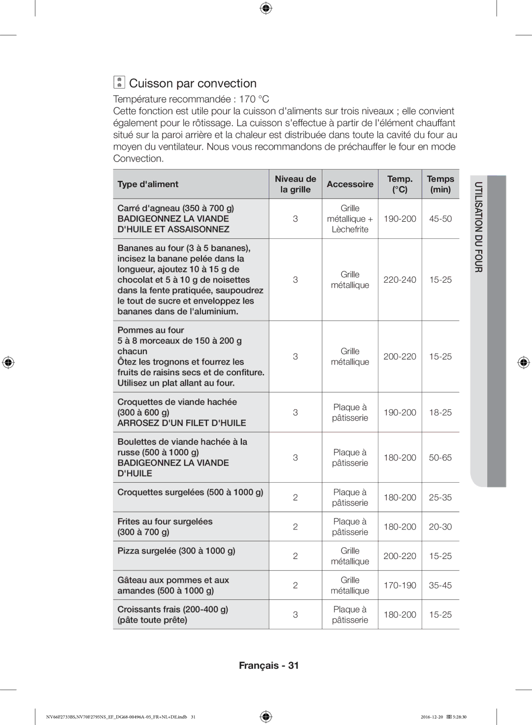 Samsung NV70F2793NS/EF, NV66F2733BS/EF manual Cuisson par convection 
