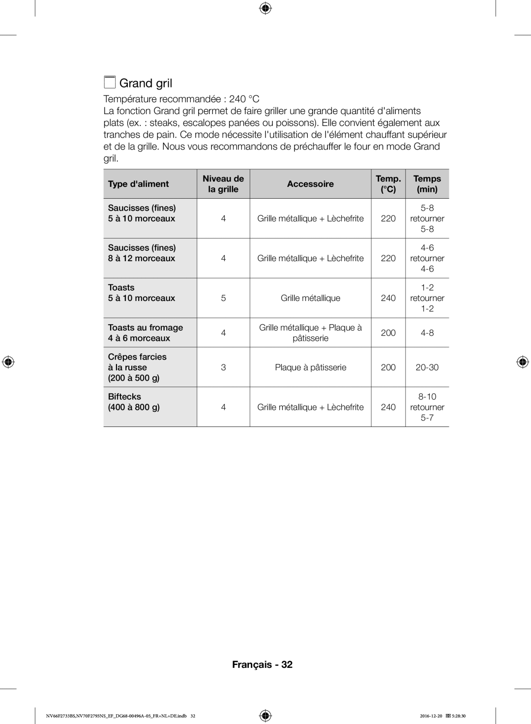 Samsung NV66F2733BS/EF, NV70F2793NS/EF manual Grand gril 