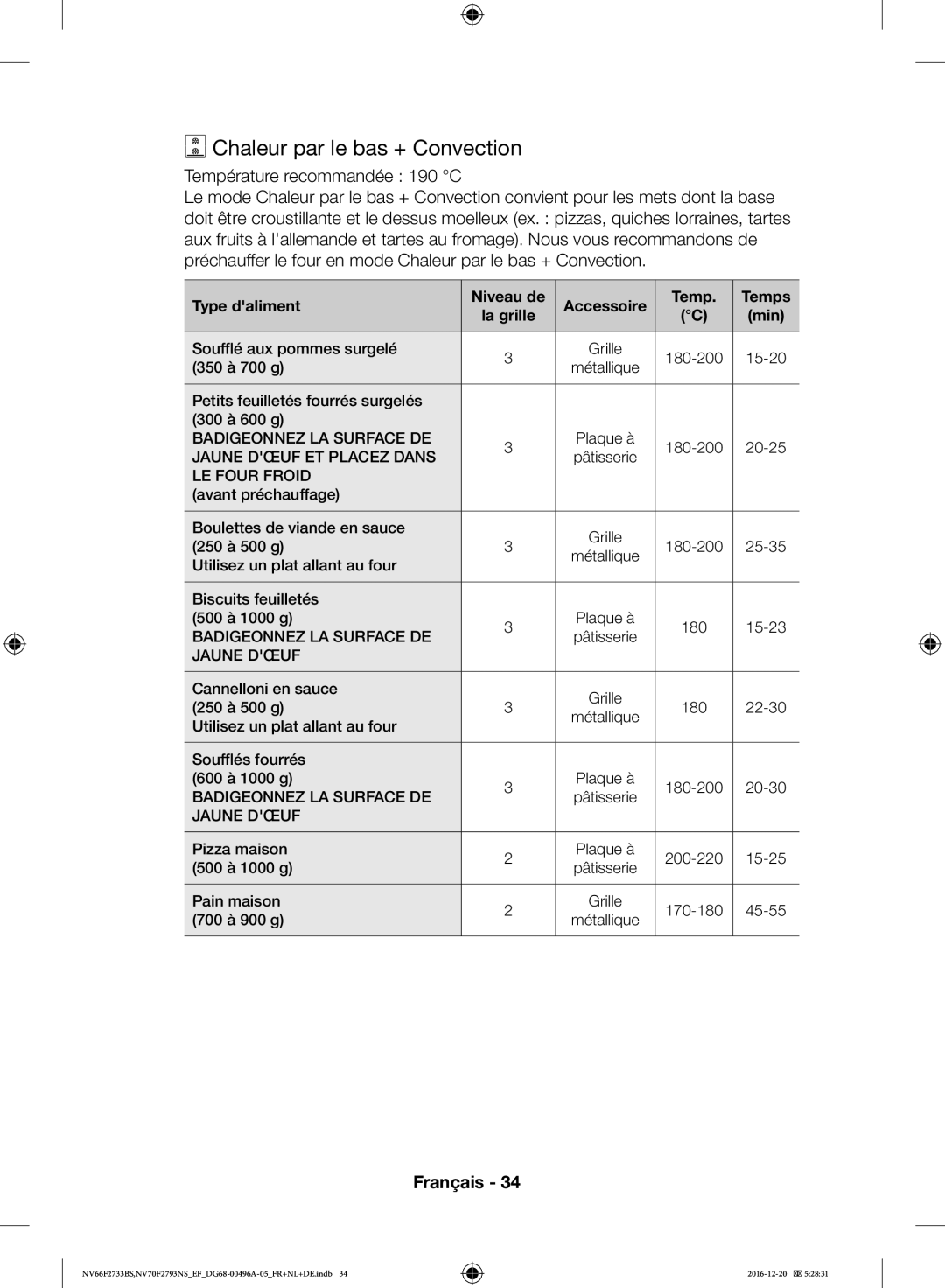 Samsung NV66F2733BS/EF, NV70F2793NS/EF manual Chaleur par le bas + Convection, Température recommandée 190 C 