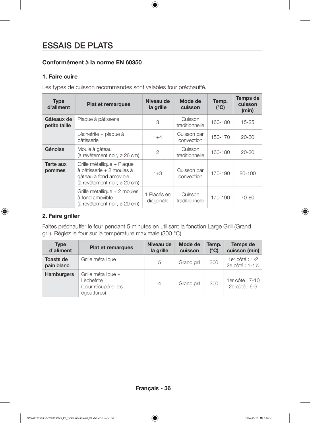 Samsung NV66F2733BS/EF, NV70F2793NS/EF manual Essais DE Plats, Conformément à la norme EN Faire cuire, Faire griller 