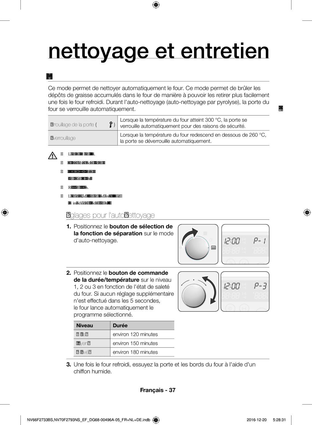 Samsung NV70F2793NS/EF, NV66F2733BS/EF Nettoyage et entretien, Auto-Nettoyage, Réglages pour lauto-nettoyage, Niveau Durée 