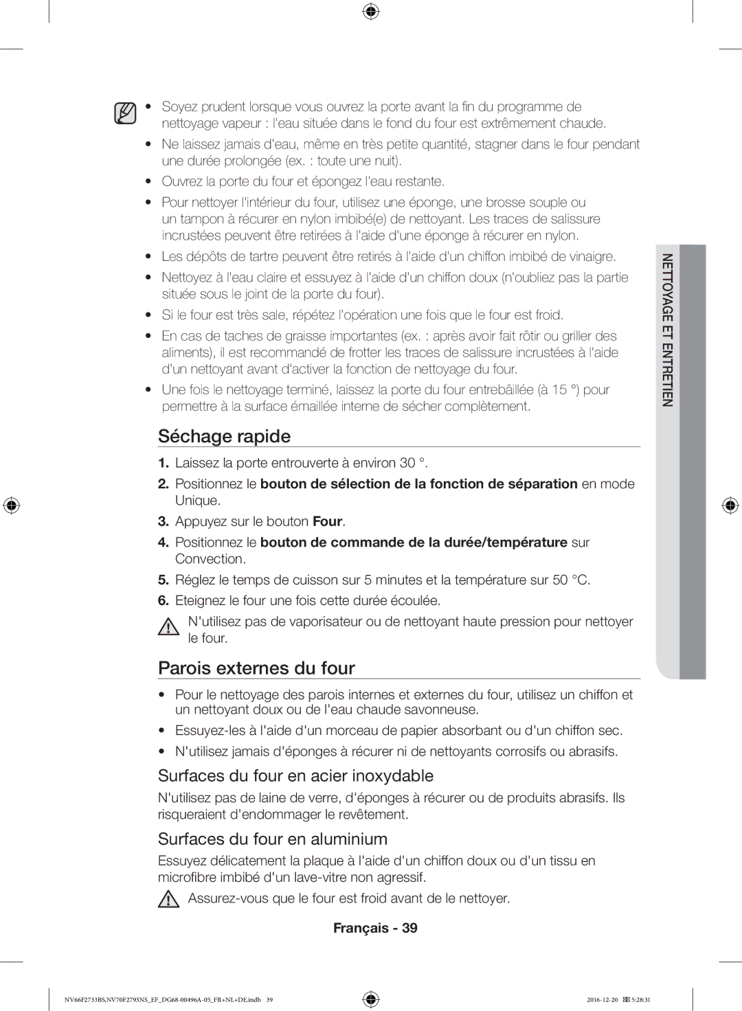 Samsung NV70F2793NS/EF, NV66F2733BS/EF manual Séchage rapide, Parois externes du four, Surfaces du four en acier inoxydable 