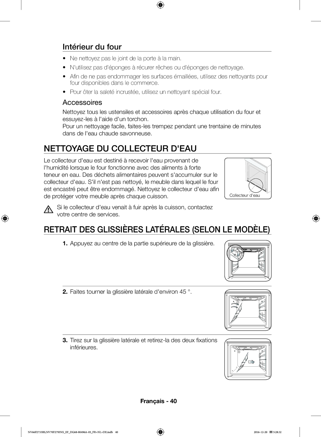 Samsung NV66F2733BS/EF Nettoyage DU Collecteur Deau, Retrait DES Glissières Latérales Selon LE Modèle, Intérieur du four 