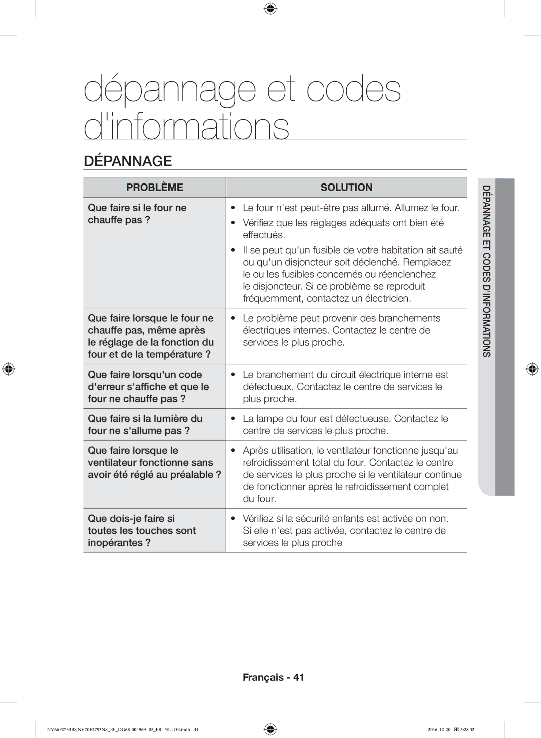 Samsung NV70F2793NS/EF, NV66F2733BS/EF manual Dépannage 