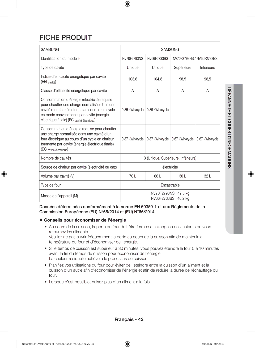 Samsung NV70F2793NS/EF, NV66F2733BS/EF manual Fiche Produit,  Conseils pour économiser de l’énergie 