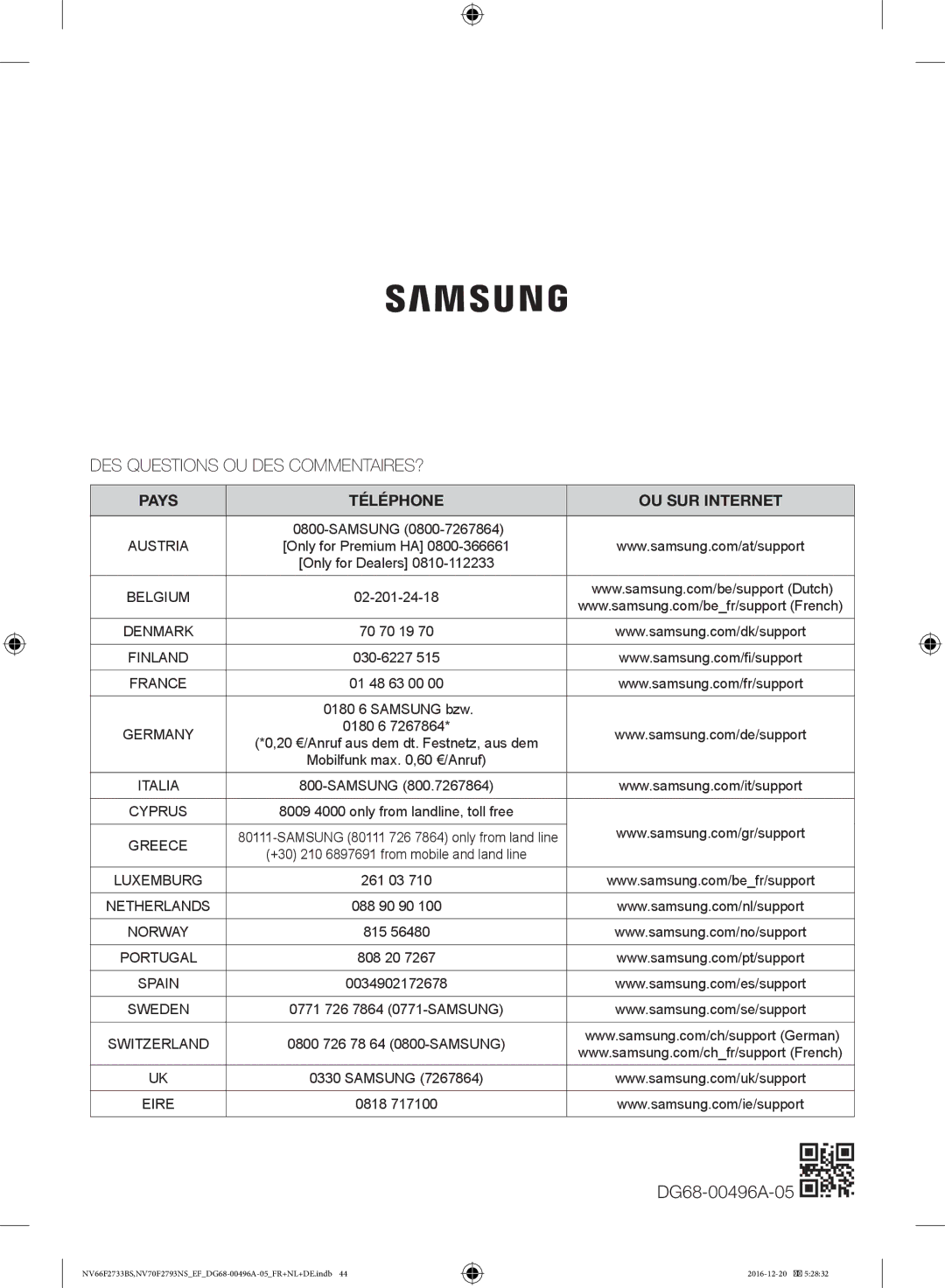 Samsung NV66F2733BS/EF, NV70F2793NS/EF manual DES Questions OU DES COMMENTAIRES? 