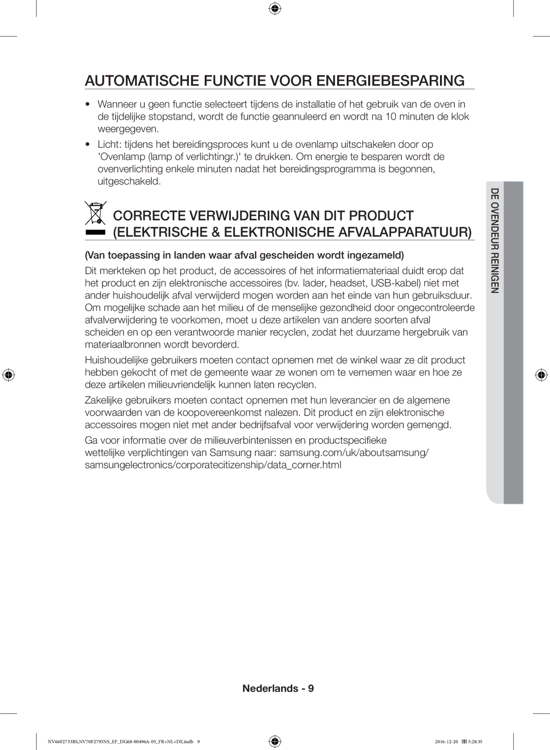 Samsung NV70F2793NS/EF, NV66F2733BS/EF manual Automatische Functie Voor Energiebesparing 