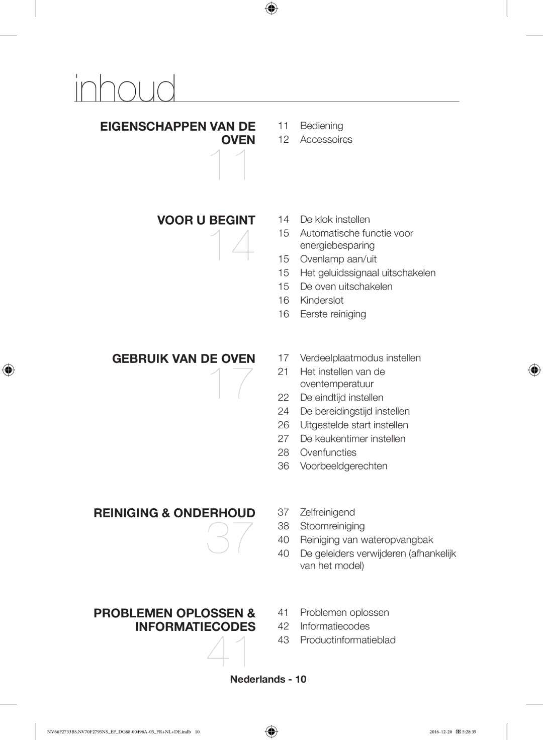 Samsung NV66F2733BS/EF, NV70F2793NS/EF manual Inhoud, Bediening, Verdeelplaatmodus instellen 