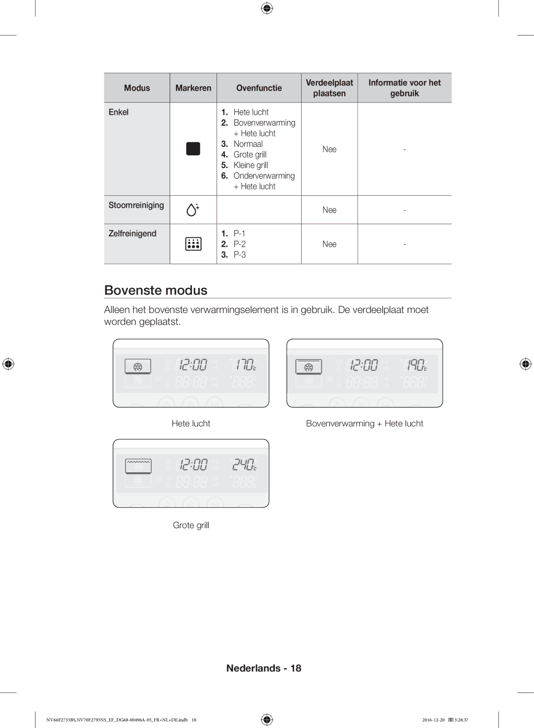 Samsung NV66F2733BS/EF, NV70F2793NS/EF manual Bovenste modus 