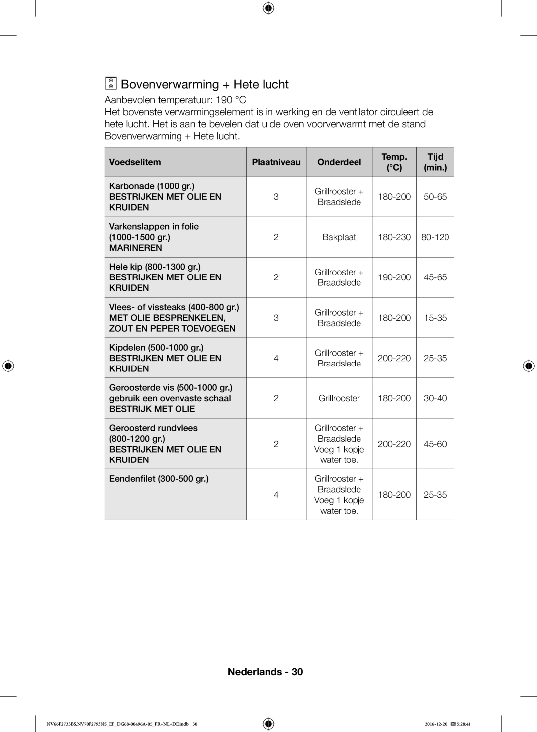 Samsung NV66F2733BS/EF, NV70F2793NS/EF manual Bovenverwarming + Hete lucht 