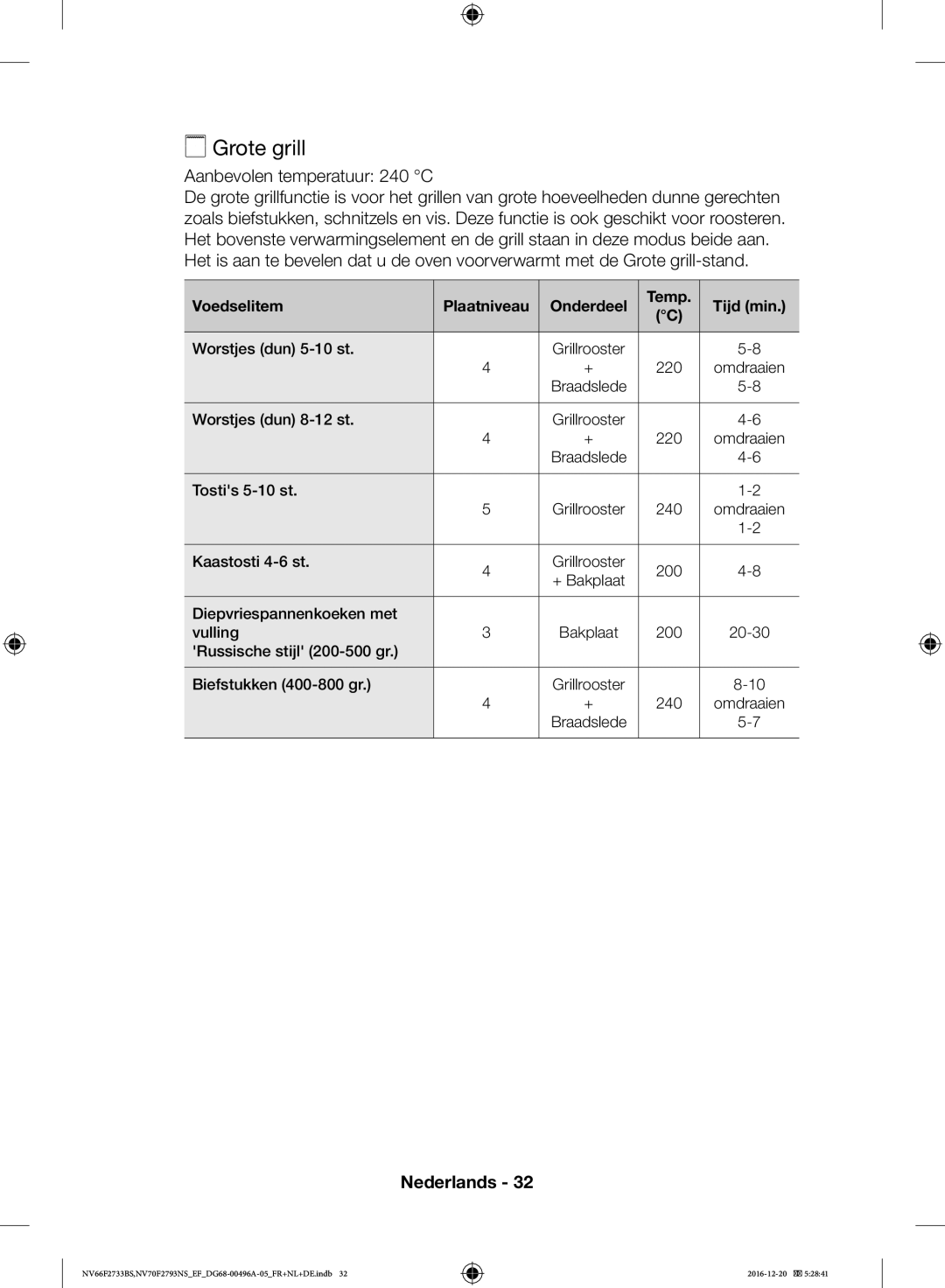 Samsung NV66F2733BS/EF manual Grote grill, Aanbevolen temperatuur 240 C, Voedselitem Plaatniveau Onderdeel Temp Tijd min 