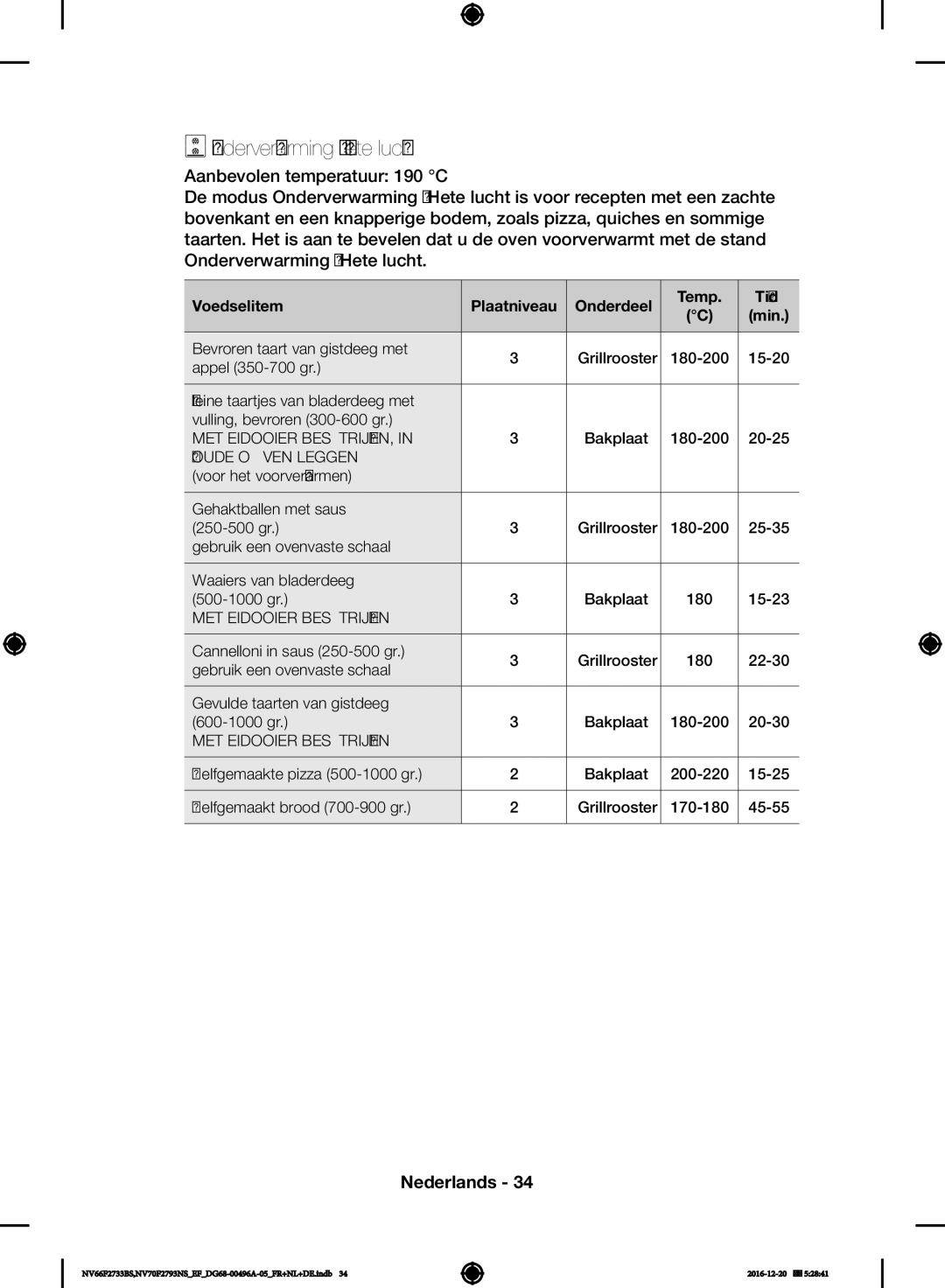 Samsung NV66F2733BS/EF, NV70F2793NS/EF manual Onderverwarming + Hete lucht, MET Eidooier Bestrijken 