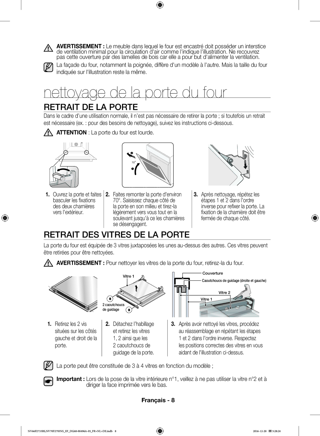 Samsung NV66F2733BS/EF, NV70F2793NS/EF Nettoyage de la porte du four, Retrait DE LA Porte, Retrait DES Vitres DE LA Porte 