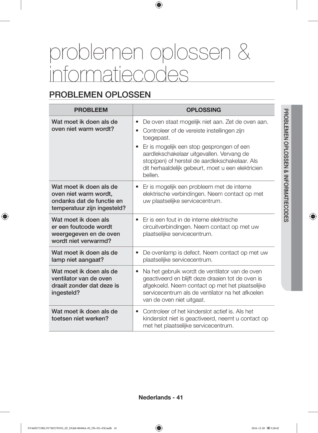 Samsung NV70F2793NS/EF, NV66F2733BS/EF manual Problemen oplossen & informatiecodes, Problemen Oplossen 