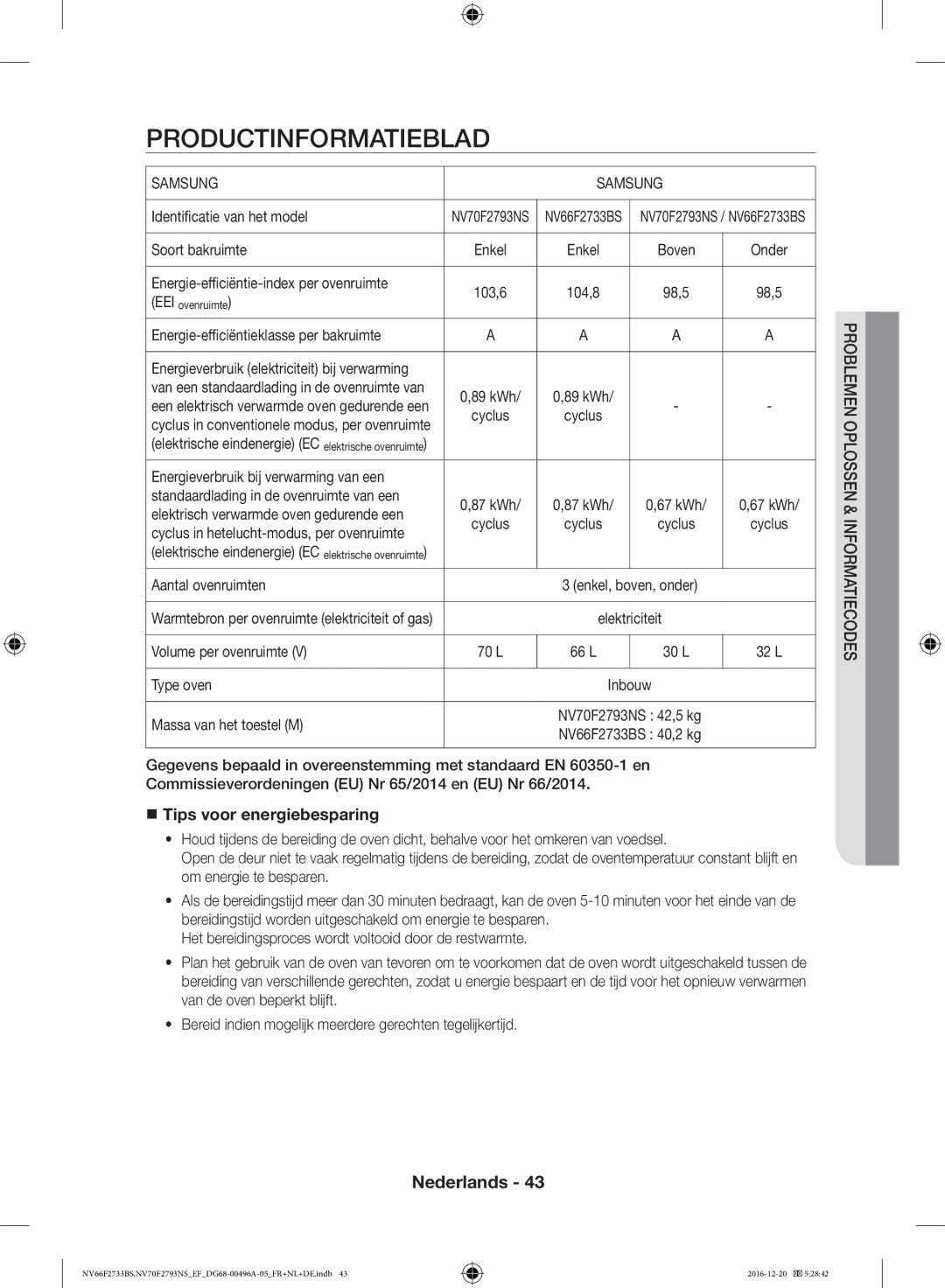 Samsung NV70F2793NS/EF, NV66F2733BS/EF manual Productinformatieblad,  Tips voor energiebesparing 