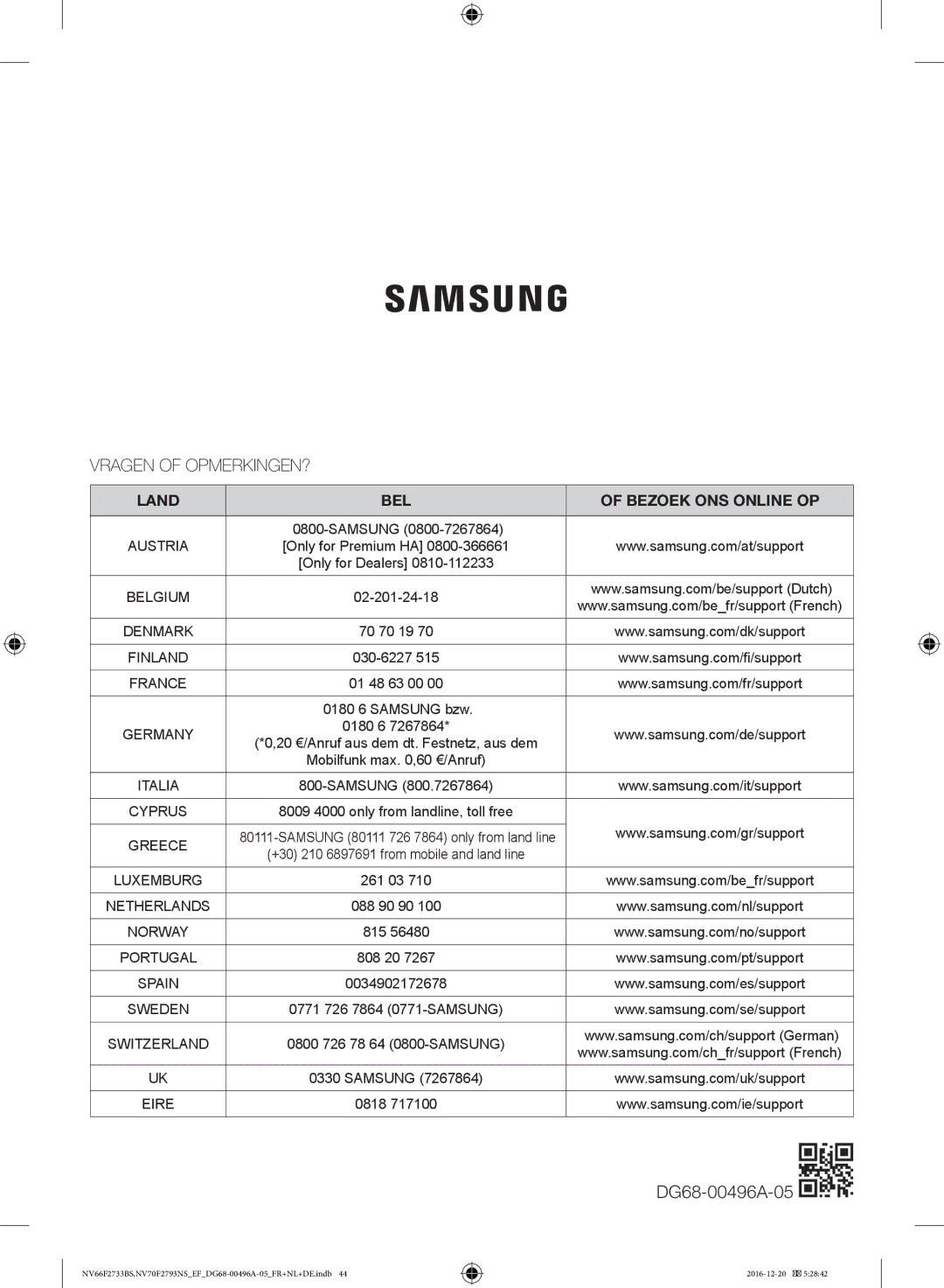 Samsung NV66F2733BS/EF, NV70F2793NS/EF manual Vragen of OPMERKINGEN? 